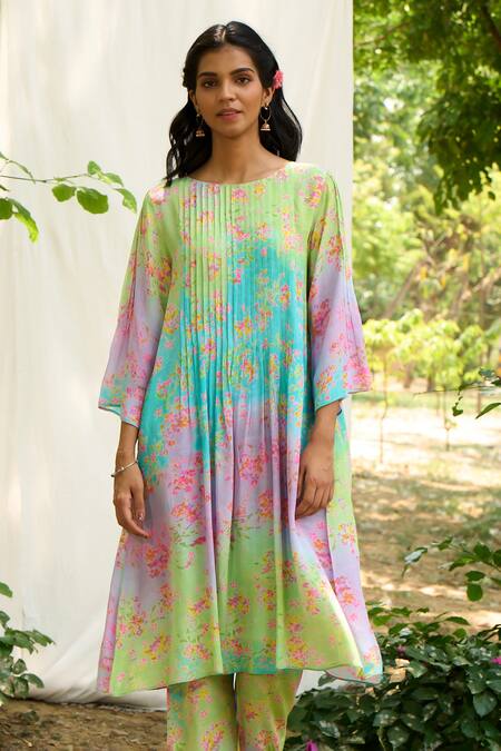 Priti Prashant_Multi Color Cotton, Muslin Puffin Floral Print Kurta And Pant Co-ord Set _Online_at_Aza_Fashions