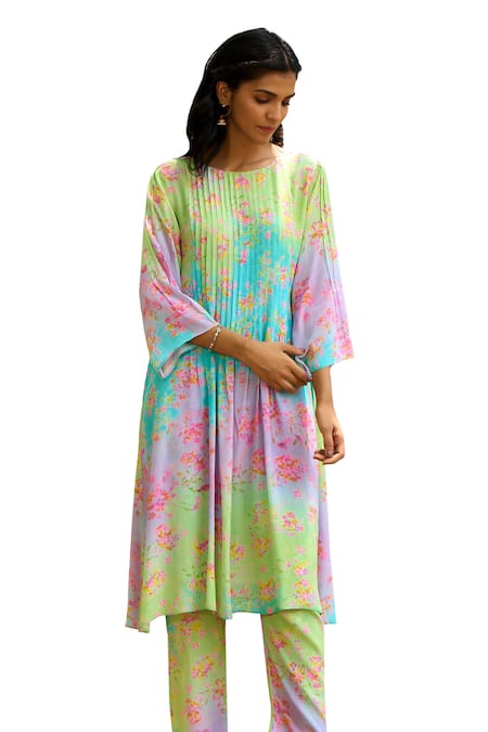 Buy_Priti Prashant_Multi Color Cotton, Muslin Puffin Floral Print Kurta And Pant Co-ord Set _Online_at_Aza_Fashions