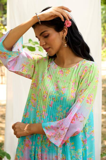 Shop_Priti Prashant_Multi Color Cotton, Muslin Puffin Floral Print Kurta And Pant Co-ord Set _Online_at_Aza_Fashions
