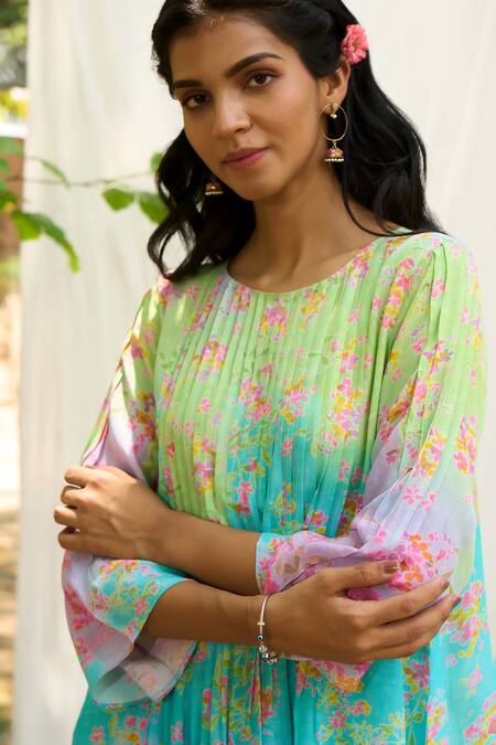 Priti Prashant_Multi Color Cotton, Muslin Puffin Floral Print Kurta And Pant Co-ord Set _at_Aza_Fashions