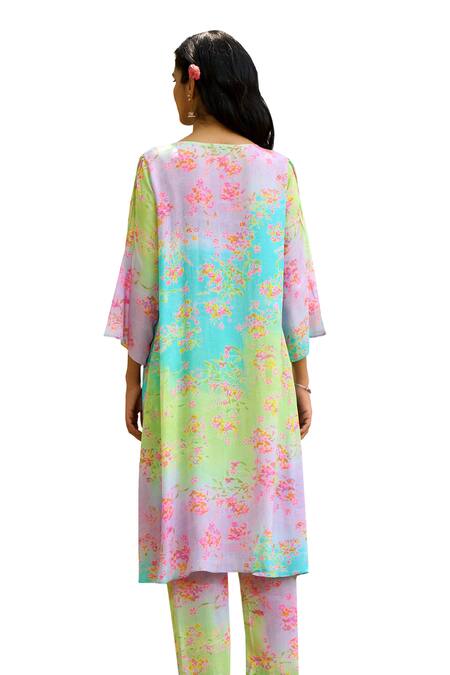 Buy_Priti Prashant_Multi Color Cotton, Muslin Puffin Floral Print Kurta And Pant Co-ord Set 