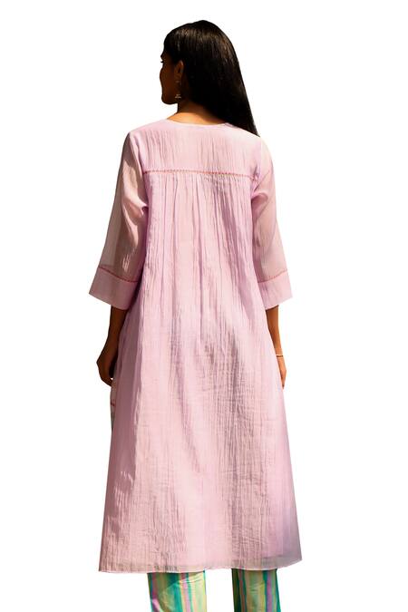 Buy_Priti Prashant_Purple Muslin, Cotton Embroidery Round Saaras Flower Kurta With Striped Pant _Online_at_Aza_Fashions