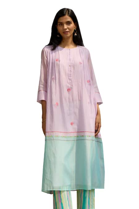 Priti Prashant_Purple Muslin, Cotton Embroidery Round Saaras Flower Kurta With Striped Pant _at_Aza_Fashions