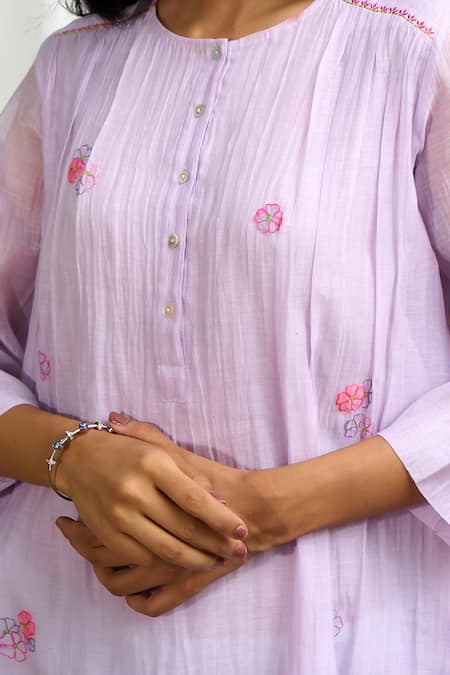 Shop_Priti Prashant_Purple Muslin, Cotton Embroidery Round Saaras Flower Kurta With Striped Pant 