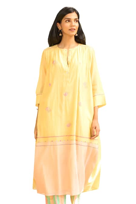 Priti Prashant_Yellow Muslin, Cotton Embroidery Round Saaras Floral Kurta With Striped Pant _Online_at_Aza_Fashions