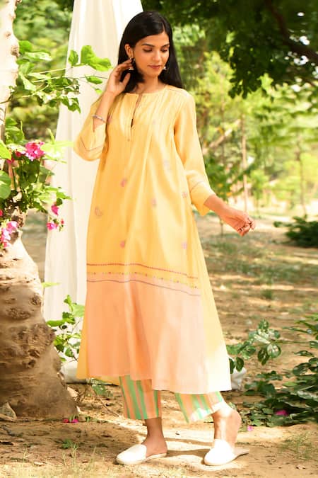 Shop_Priti Prashant_Yellow Muslin, Cotton Embroidery Round Saaras Floral Kurta With Striped Pant _Online_at_Aza_Fashions