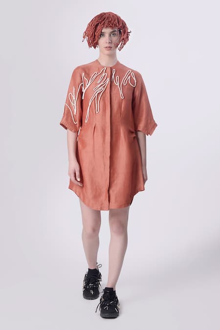 Nitin Bal Chauhan Peach Linen Satin Embellished Cord Round 3d Shirt Dress