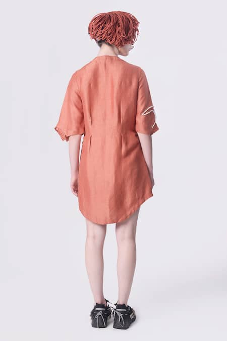 Shop Nitin Bal Chauhan Peach Linen Satin Embellished Cord Round 3d Shirt Dress at Aza Fashions Shop_Nitin Bal Chauhan_Peach Linen Satin Embellished Cord Round 3d Shirt Dress _at_Aza_Fashions