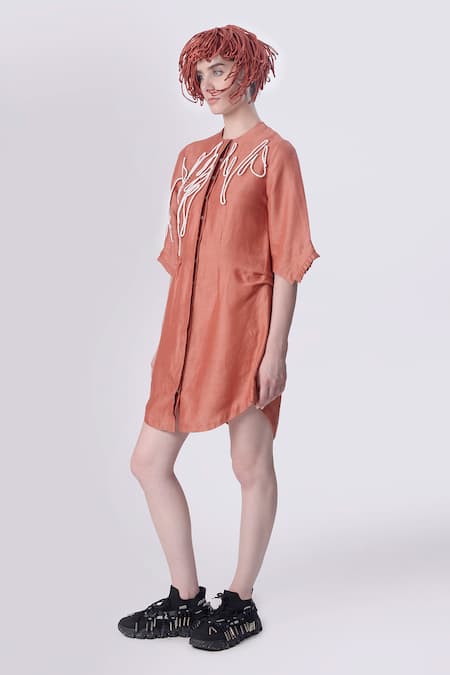 Nitin Bal Chauhan Peach Linen Satin Embellished Cord Round 3d Shirt Dress Online at Aza Fashions Nitin Bal Chauhan_Peach Linen Satin Embellished Cord Round 3d Shirt Dress _Online_at_Aza_Fashions