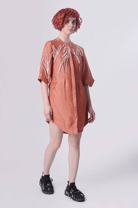 Buy Nitin Bal Chauhan Peach Linen Satin Embellished Cord Round 3d Shirt Dress Online at Aza Fashions Buy_Nitin Bal Chauhan_Peach Linen Satin Embellished Cord Round 3d Shirt Dress _Online_at_Aza_Fashions