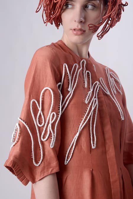 Shop Nitin Bal Chauhan Peach Linen Satin Embellished Cord Round 3d Shirt Dress Online at Aza Fashions Shop_Nitin Bal Chauhan_Peach Linen Satin Embellished Cord Round 3d Shirt Dress _Online_at_Aza_Fashions