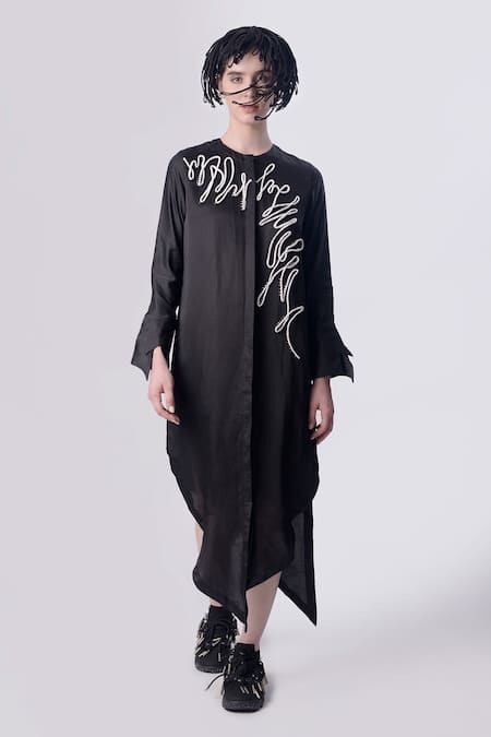 Nitin Bal Chauhan Black Linen Satin Embellished Cord Round 3d Assymetric Shirt Dress