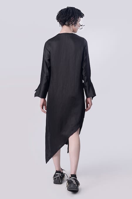 Shop Nitin Bal Chauhan Black Linen Satin Embellished Cord Round 3d Assymetric Shirt Dress at Aza Fashions Shop_Nitin Bal Chauhan_Black Linen Satin Embellished Cord Round 3d Assymetric Shirt Dress _at_Aza_Fashions