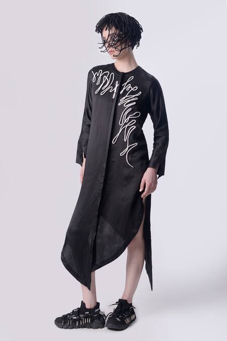 Nitin Bal Chauhan Black Linen Satin Embellished Cord Round 3d Assymetric Shirt Dress Online at Aza Fashions Nitin Bal Chauhan_Black Linen Satin Embellished Cord Round 3d Assymetric Shirt Dress _Online_at_Aza_Fashions