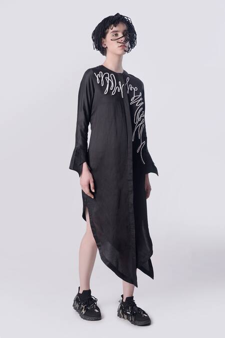 Buy Nitin Bal Chauhan Black Linen Satin Embellished Cord Round 3d Assymetric Shirt Dress Online at Aza Fashions Buy_Nitin Bal Chauhan_Black Linen Satin Embellished Cord Round 3d Assymetric Shirt Dress _Online_at_Aza_Fashions