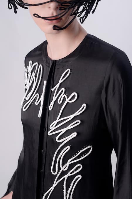 Shop Nitin Bal Chauhan Black Linen Satin Embellished Cord Round 3d Assymetric Shirt Dress Online at Aza Fashions Shop_Nitin Bal Chauhan_Black Linen Satin Embellished Cord Round 3d Assymetric Shirt Dress _Online_at_Aza_Fashions