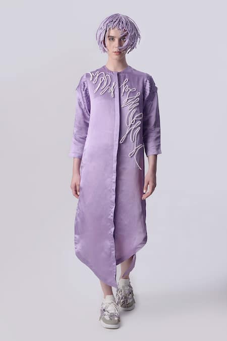 Nitin Bal Chauhan Purple Linen Satin Embellished Cord Round 3d Assymetric Shirt Dress