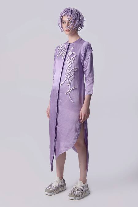 Nitin Bal Chauhan Purple Linen Satin Embellished Cord Round 3d Assymetric Shirt Dress Online at Aza Fashions Nitin Bal Chauhan_Purple Linen Satin Embellished Cord Round 3d Assymetric Shirt Dress _Online_at_Aza_Fashions
