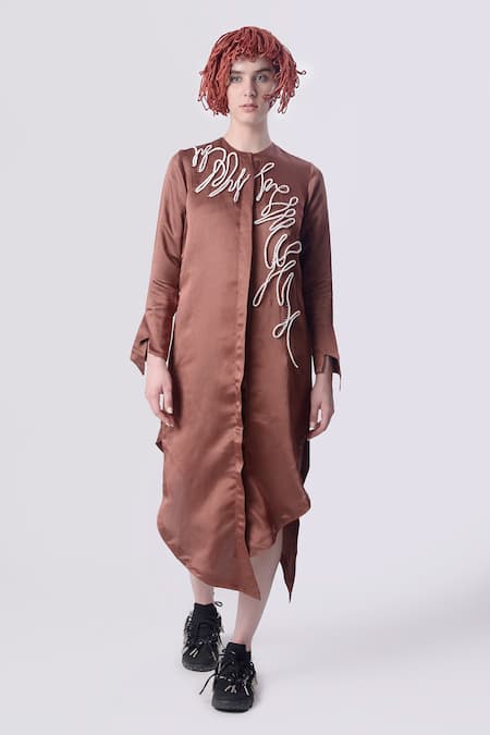 Nitin Bal Chauhan Edge Brown Linen Satin Embellished Cord Round Assymetric 3d Shirt Dress 