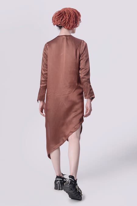 Shop Nitin Bal Chauhan Brown Linen Satin Embellished Cord Round Assymetric 3d Shirt Dress at Aza Fashions Shop_Nitin Bal Chauhan_Brown Linen Satin Embellished Cord Round Assymetric 3d Shirt Dress _at_Aza_Fashions