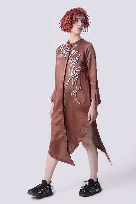 Nitin Bal Chauhan Brown Linen Satin Embellished Cord Round Assymetric 3d Shirt Dress Online at Aza Fashions Nitin Bal Chauhan_Brown Linen Satin Embellished Cord Round Assymetric 3d Shirt Dress _Online_at_Aza_Fashions