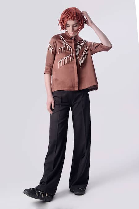 Nitin Bal Chauhan Brown Linen Satin Embellished Cord Tassels Stand Collar 3d Shirt With Pant