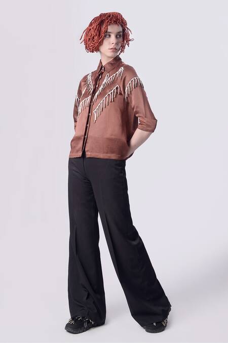 Nitin Bal Chauhan_Brown Linen Satin Embellished Cord Tassels Stand Collar 3d Shirt With Pant _Online_at_Aza_Fashions