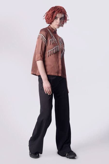 Buy_Nitin Bal Chauhan_Brown Linen Satin Embellished Cord Tassels Stand Collar 3d Shirt With Pant _Online_at_Aza_Fashions