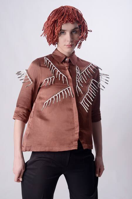 Shop_Nitin Bal Chauhan_Brown Linen Satin Embellished Cord Tassels Stand Collar 3d Shirt With Pant _Online_at_Aza_Fashions
