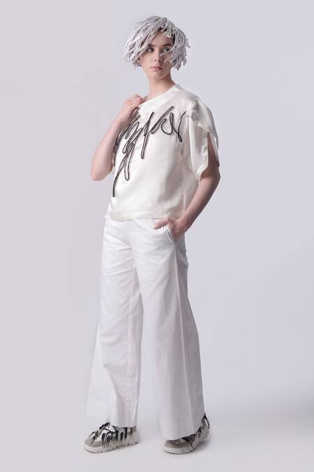 Nitin Bal Chauhan White Linen Satin Embellished Cord Band Collar Bead Top With Pant Online at Aza Fashions Nitin Bal Chauhan_White Linen Satin Embellished Cord Band Collar Bead Top With Pant _Online_at_Aza_Fashions