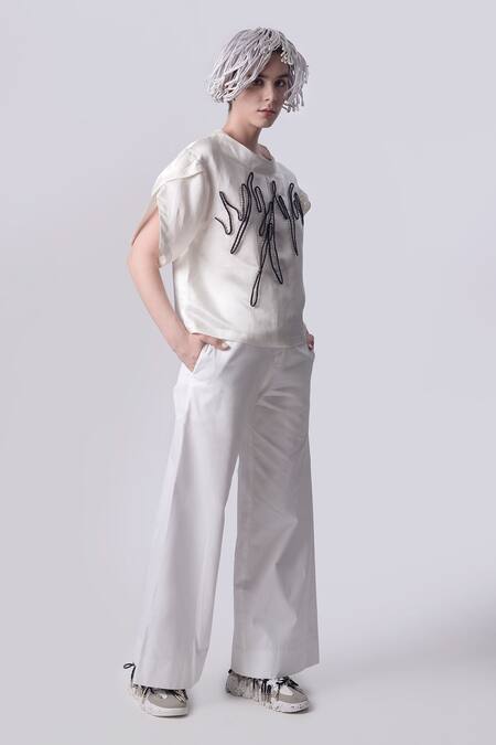 Buy Nitin Bal Chauhan White Linen Satin Embellished Cord Band Collar Bead Top With Pant Online at Aza Fashions Buy_Nitin Bal Chauhan_White Linen Satin Embellished Cord Band Collar Bead Top With Pant _Online_at_Aza_Fashions