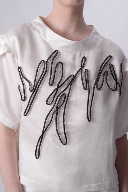 Shop Nitin Bal Chauhan White Linen Satin Embellished Cord Band Collar Bead Top With Pant Online at Aza Fashions Shop_Nitin Bal Chauhan_White Linen Satin Embellished Cord Band Collar Bead Top With Pant _Online_at_Aza_Fashions