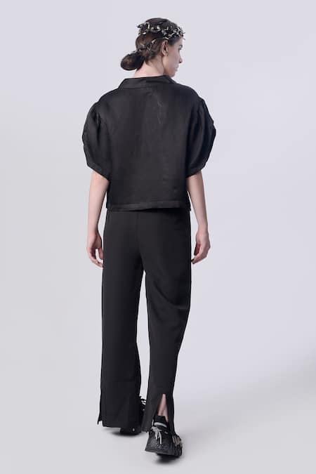 Shop Nitin Bal Chauhan Black Linen Satin Embellished Cord Band Collar 3d Top With Pant at Aza Fashions Shop_Nitin Bal Chauhan_Black Linen Satin Embellished Cord Band Collar 3d Top With Pant _at_Aza_Fashions