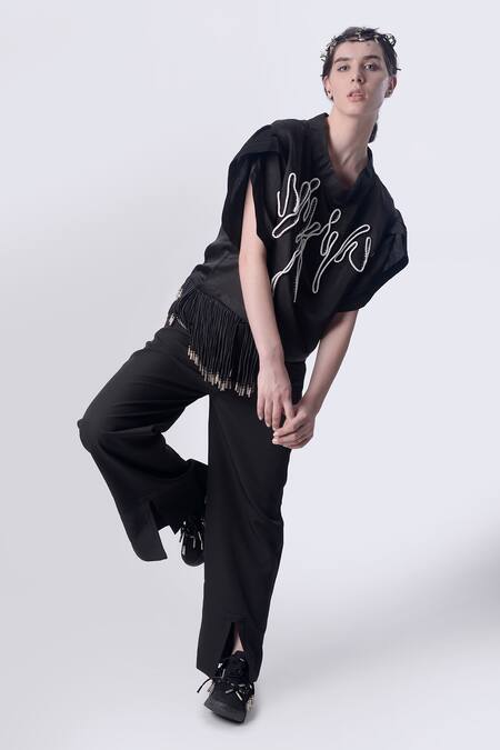 Nitin Bal Chauhan Black Linen Satin Embellished Cord Band Collar 3d Top With Pant Online at Aza Fashions Nitin Bal Chauhan_Black Linen Satin Embellished Cord Band Collar 3d Top With Pant _Online_at_Aza_Fashions