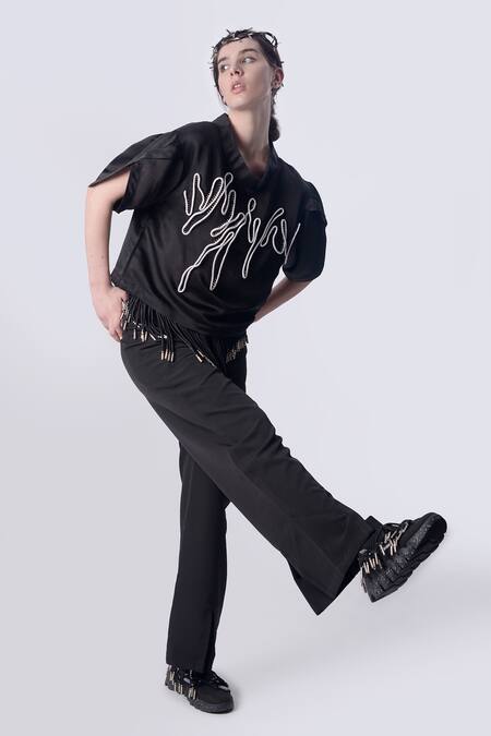 Buy Nitin Bal Chauhan Black Linen Satin Embellished Cord Band Collar 3d Top With Pant Online at Aza Fashions Buy_Nitin Bal Chauhan_Black Linen Satin Embellished Cord Band Collar 3d Top With Pant _Online_at_Aza_Fashions