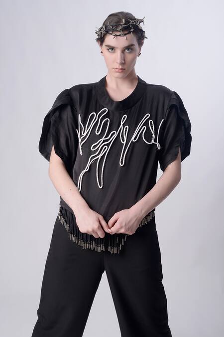 Shop Nitin Bal Chauhan Black Linen Satin Embellished Cord Band Collar 3d Top With Pant Online at Aza Fashions Shop_Nitin Bal Chauhan_Black Linen Satin Embellished Cord Band Collar 3d Top With Pant _Online_at_Aza_Fashions