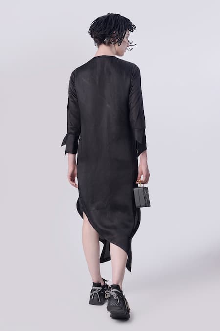 Shop Nitin Bal Chauhan Black Linen Satin Embellished Cord Round 3d Bead Assymetric Shirt Dress at Aza Fashions Shop_Nitin Bal Chauhan_Black Linen Satin Embellished Cord Round 3d Bead Assymetric Shirt Dress _at_Aza_Fashions