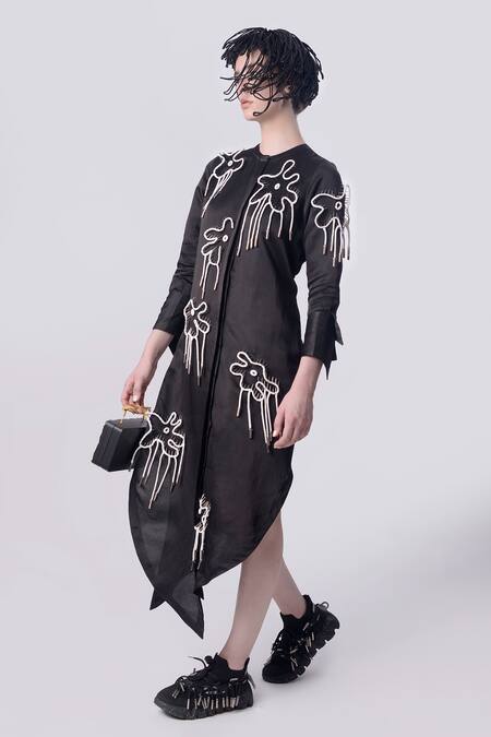 Nitin Bal Chauhan Black Linen Satin Embellished Cord Round 3d Bead Assymetric Shirt Dress Online at Aza Fashions Nitin Bal Chauhan_Black Linen Satin Embellished Cord Round 3d Bead Assymetric Shirt Dress _Online_at_Aza_Fashions