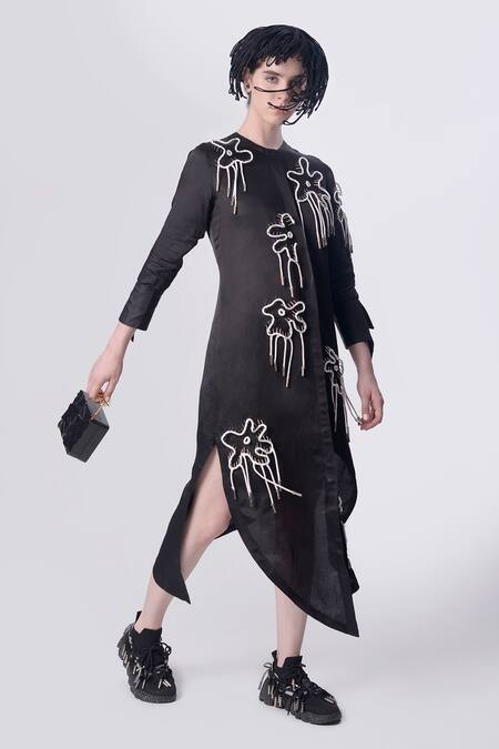 Buy Nitin Bal Chauhan Black Linen Satin Embellished Cord Round 3d Bead Assymetric Shirt Dress Online at Aza Fashions Buy_Nitin Bal Chauhan_Black Linen Satin Embellished Cord Round 3d Bead Assymetric Shirt Dress _Online_at_Aza_Fashions