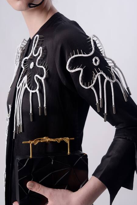 Shop Nitin Bal Chauhan Black Linen Satin Embellished Cord Round 3d Bead Assymetric Shirt Dress Online at Aza Fashions Shop_Nitin Bal Chauhan_Black Linen Satin Embellished Cord Round 3d Bead Assymetric Shirt Dress _Online_at_Aza_Fashions