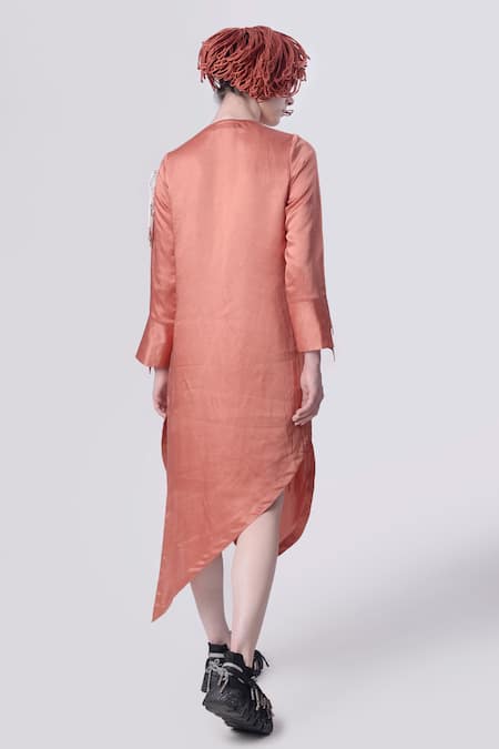 Shop Nitin Bal Chauhan Peach Linen Satin Embellished Cord Round Bead 3d Assymetric Shirt Dress at Aza Fashions Shop_Nitin Bal Chauhan_Peach Linen Satin Embellished Cord Round Bead 3d Assymetric Shirt Dress _at_Aza_Fashions