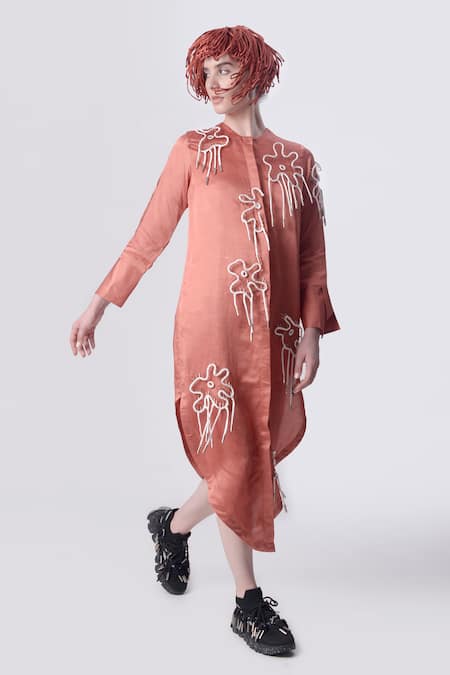 Buy Nitin Bal Chauhan Peach Linen Satin Embellished Cord Round Bead 3d Assymetric Shirt Dress Online at Aza Fashions Buy_Nitin Bal Chauhan_Peach Linen Satin Embellished Cord Round Bead 3d Assymetric Shirt Dress _Online_at_Aza_Fashions