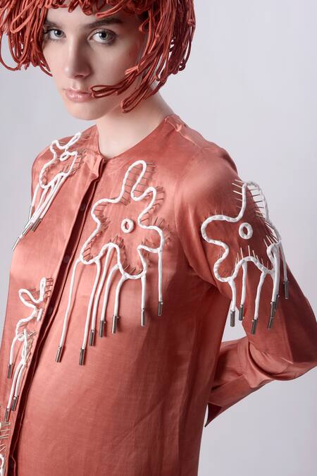 Shop Nitin Bal Chauhan Peach Linen Satin Embellished Cord Round Bead 3d Assymetric Shirt Dress Online at Aza Fashions Shop_Nitin Bal Chauhan_Peach Linen Satin Embellished Cord Round Bead 3d Assymetric Shirt Dress _Online_at_Aza_Fashions