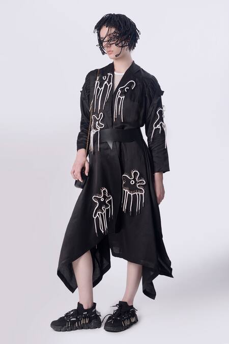 Nitin Bal Chauhan Black Linen Satin Embellished Cord Lapel Collar 3d Bead Assymetric Shacket Online at Aza Fashions Nitin Bal Chauhan_Black Linen Satin Embellished Cord Lapel Collar 3d Bead Assymetric Shacket _Online_at_Aza_Fashions