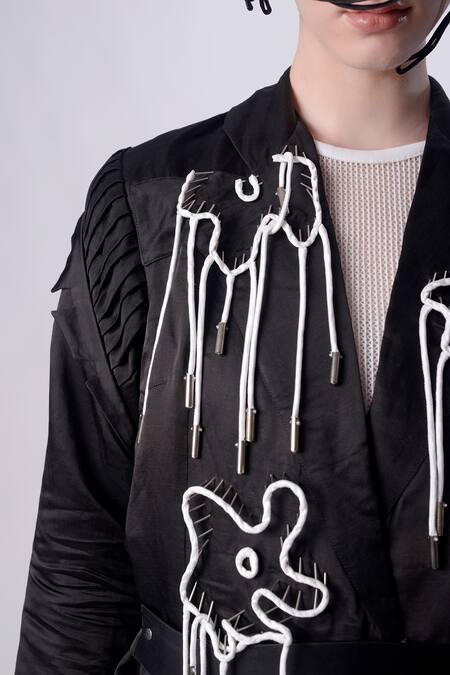 Shop Nitin Bal Chauhan Black Linen Satin Embellished Cord Lapel Collar 3d Bead Assymetric Shacket Online at Aza Fashions Shop_Nitin Bal Chauhan_Black Linen Satin Embellished Cord Lapel Collar 3d Bead Assymetric Shacket _Online_at_Aza_Fashions