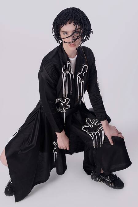 Nitin Bal Chauhan Black Linen Satin Embellished Cord Lapel Collar 3d Bead Assymetric Shacket at Aza Fashions Nitin Bal Chauhan_Black Linen Satin Embellished Cord Lapel Collar 3d Bead Assymetric Shacket _at_Aza_Fashions