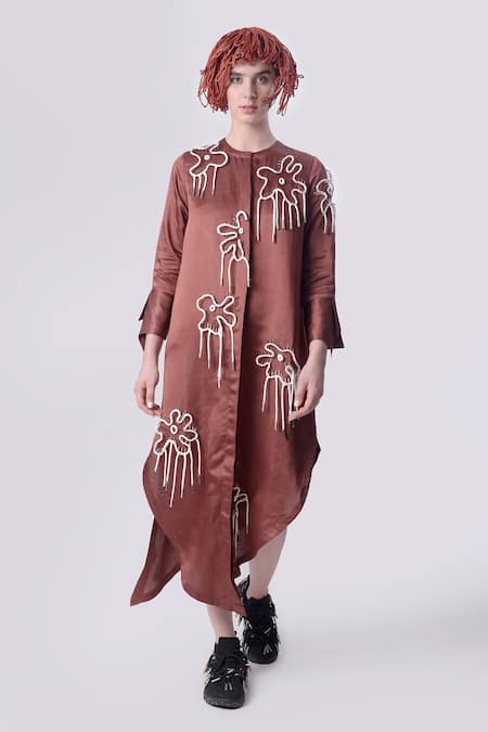 Nitin Bal Chauhan Edge Brown Linen Satin Embellished Cord Round Floral 3d Assymetric Shirt Dress 