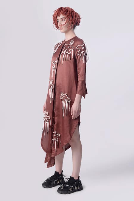 Nitin Bal Chauhan_Brown Linen Satin Embellished Cord Round Floral 3d Assymetric Shirt Dress _Online_at_Aza_Fashions