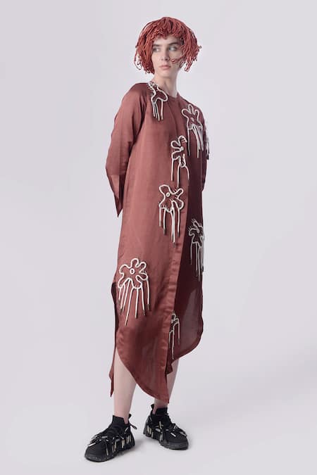 Buy_Nitin Bal Chauhan_Brown Linen Satin Embellished Cord Round Floral 3d Assymetric Shirt Dress _Online_at_Aza_Fashions