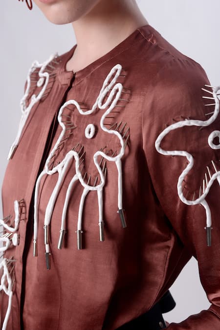 Shop_Nitin Bal Chauhan_Brown Linen Satin Embellished Cord Round Floral 3d Assymetric Shirt Dress _Online_at_Aza_Fashions